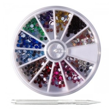 Strass taille 3mm Konad ronds 12 couleurs + stick