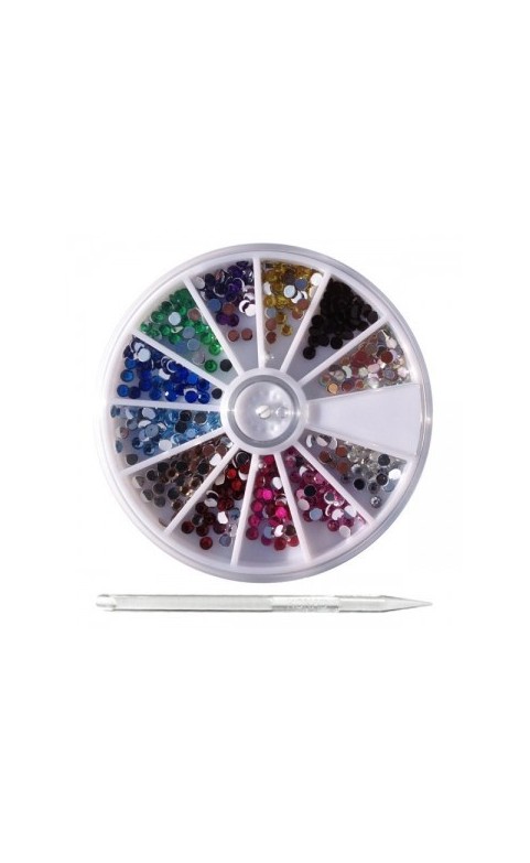 Strass taille 3mm Konad ronds 12 couleurs + stick