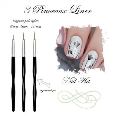 3 Pinceaux Liner extra fin 8mm 9mm 10mm nail art