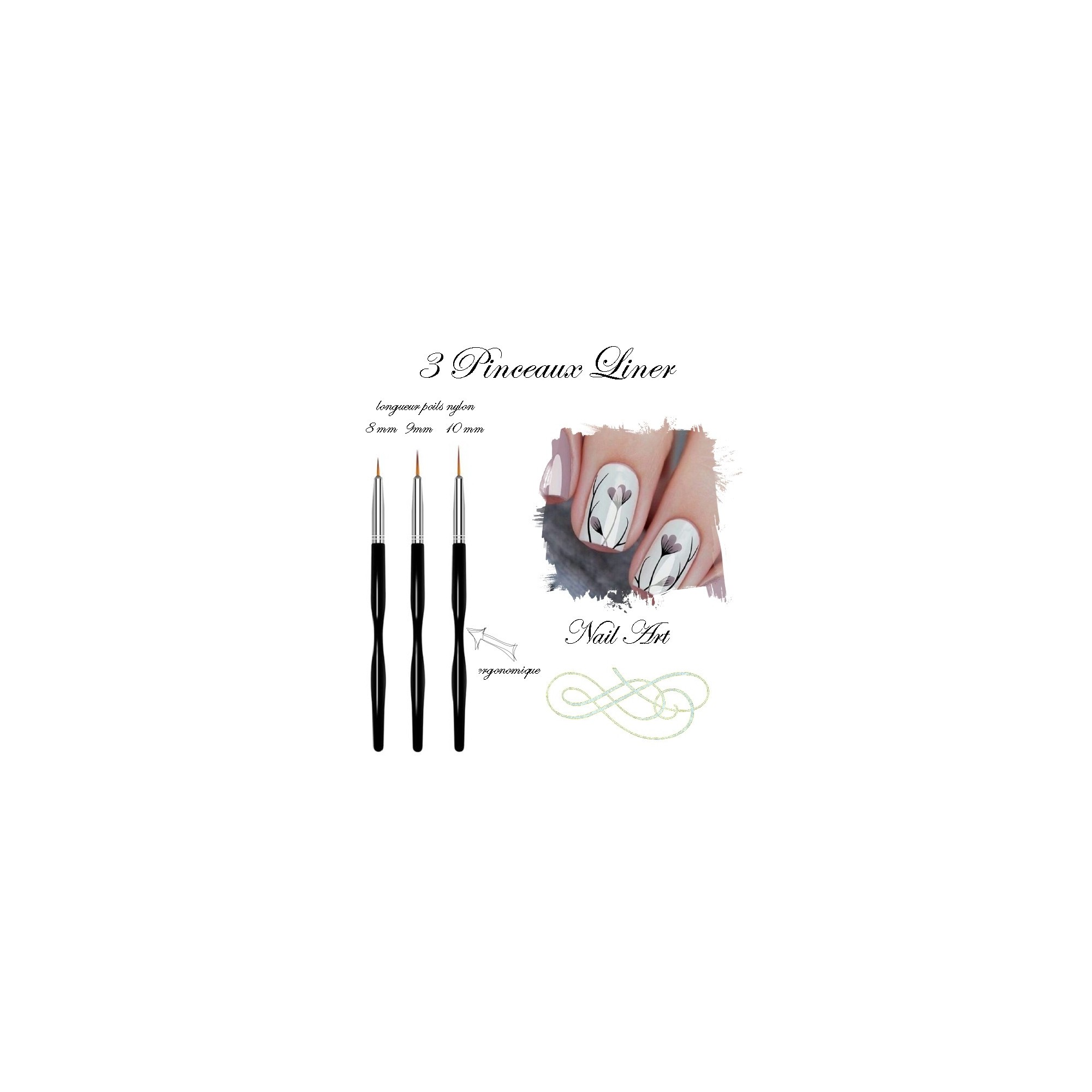 3 Pinceaux Liner extra fin 8mm 9mm 10mm nail art