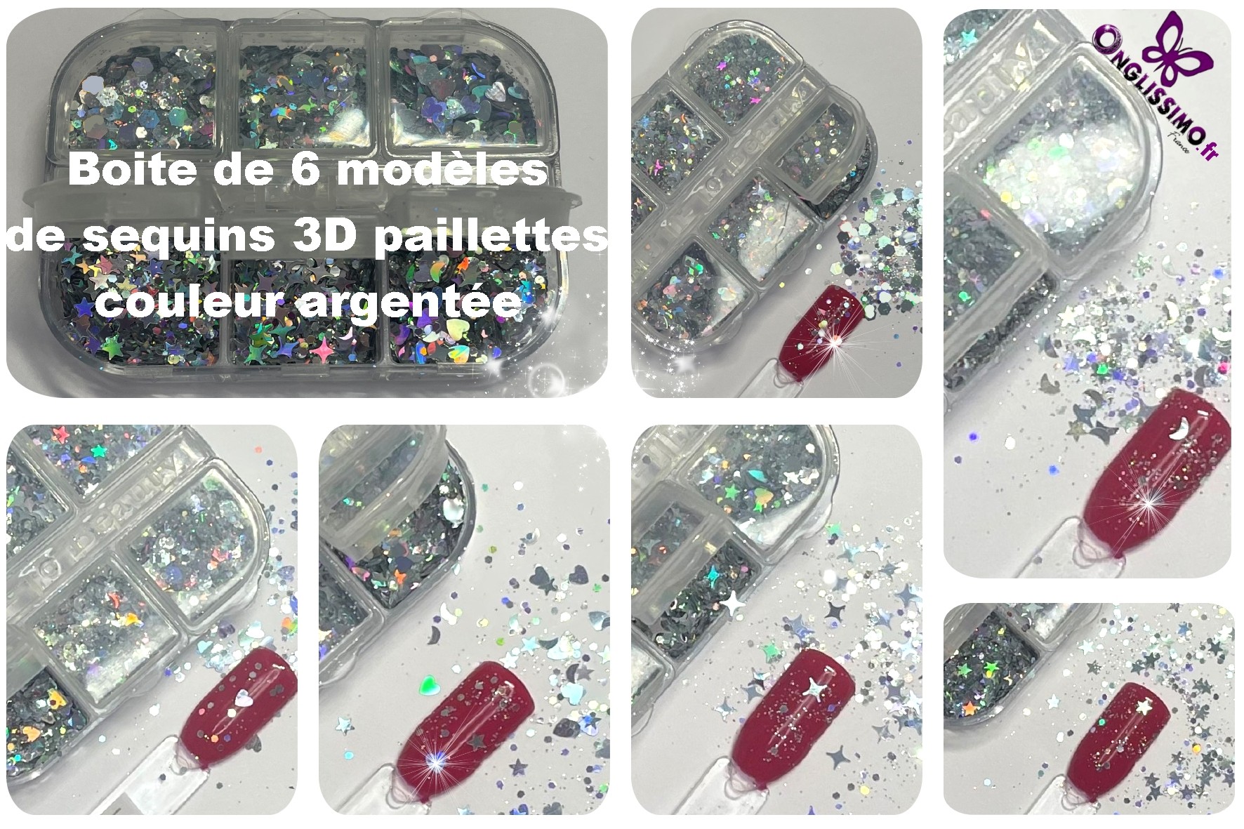 Sequins-paillettes 3D boîte de 6 modèles argentés pour nail art